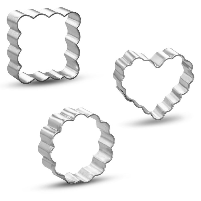 Mini Fluted Heart Round Square Cookie Cutter 3 Pc Set HS0468