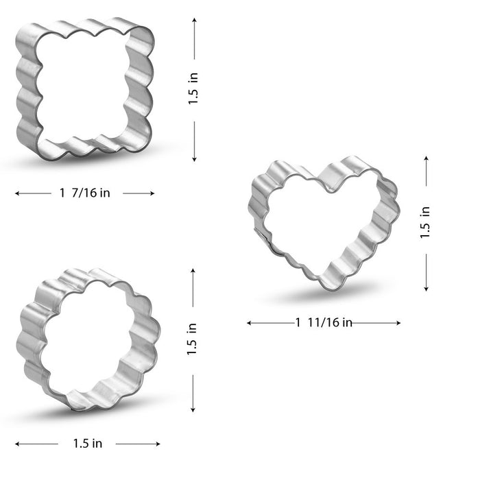 Mini Fluted Heart Round Square Cookie Cutter 3 Pc Set HS0468