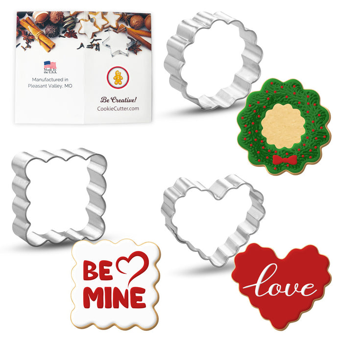Mini Fluted Heart Round Square Cookie Cutter 3 Pc Set HS0468