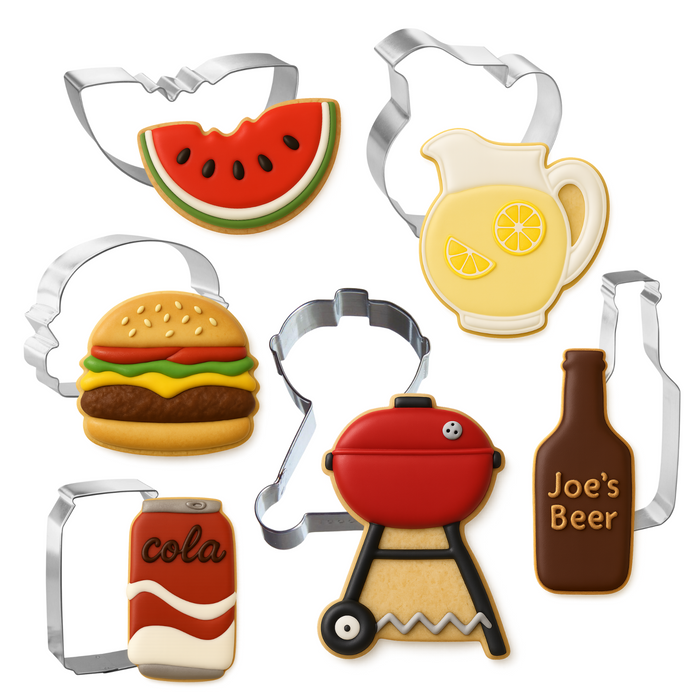 BBQ cookie cutter set, summer picnic cookie cutters, burger and grill baking tools, Father’s Day cookie decorating kit
