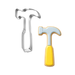 Metal hammer-shaped cookie cutter with a yellow handle next to a cookie cutout of the same shape on a white background.