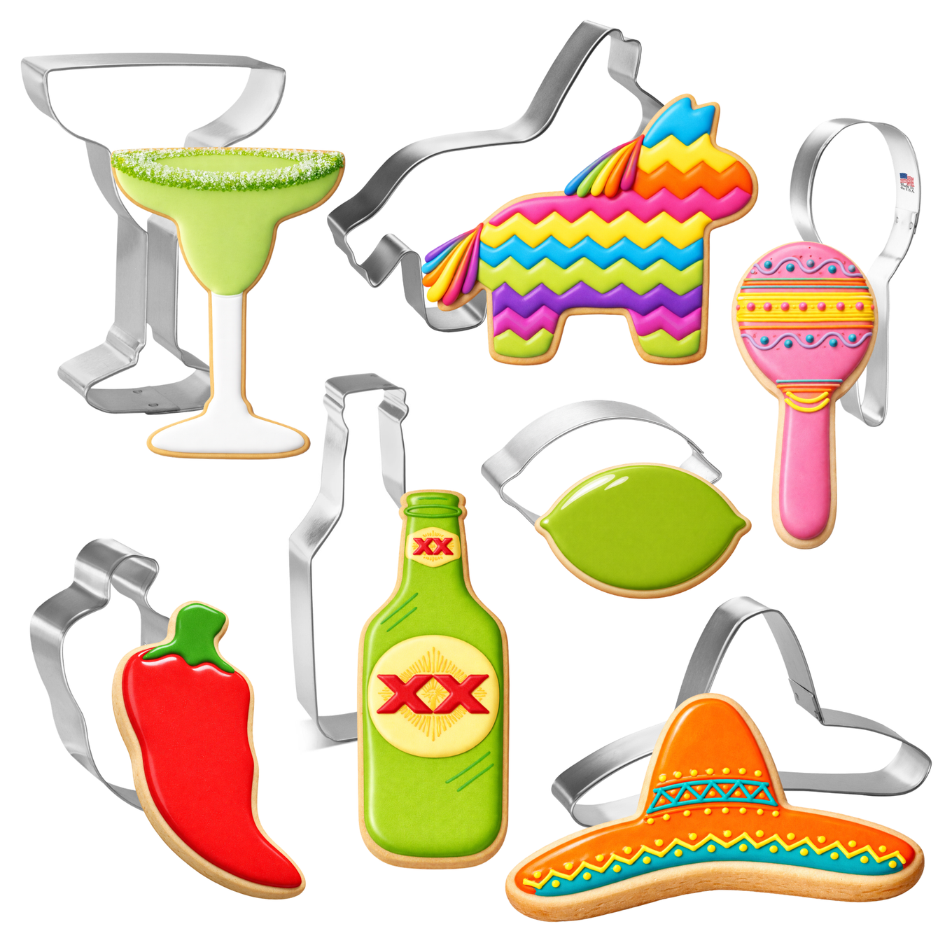 Set of colorful cookie cutters shaped like a margarita glass, pinata, maracas, bottle, lime, and sombrero on a white background.