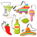 Set of colorful cookie cutters shaped like a margarita glass, pinata, maracas, bottle, lime, and sombrero on a white background.