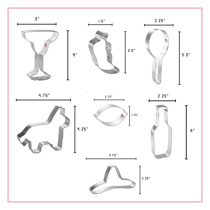 Set of metal cookie cutters with dimensions labeled