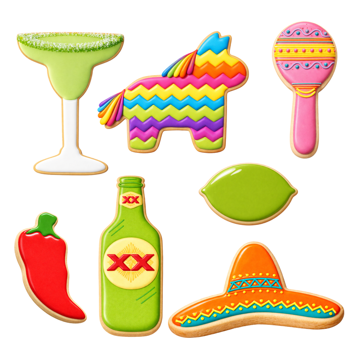 Colorful Mexican-themed cookies including a margarita, piñata, maraca, lime, hot pepper, bottle, and sombrero for Cinco De Mayo or Fiesta