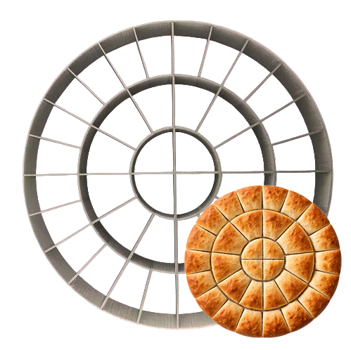 Plastic Communion Bread Cutter with a pie cut into slices on a white background
